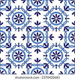 Azulejos portuguese traditional ornamental tile, blue and white seamless pattern. Vector illustration