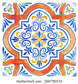 Azulejos Portuguese watercolor blue pattern. Vector illustration