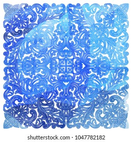 Azulejos Portuguese watercolor blue pattern. Baroque tiles. Vector illustration