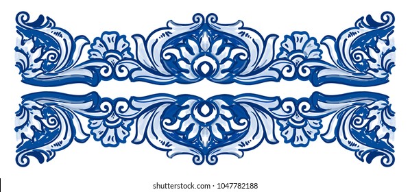 Azulejos Portuguese watercolor blue pattern. Baroque tiles. Vector illustration