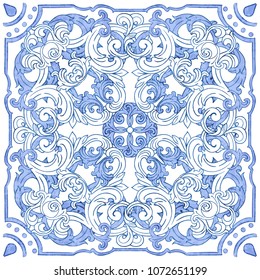 Azulejos Portuguese watercolor blue pattern. Vector illustration