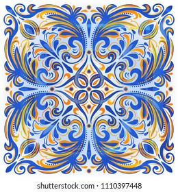 Azulejos Portuguese watercolor blue pattern. Vector illustration