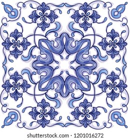 Azulejos Portuguese watercolor blue pattern. Baroque tiles. Vector illustration