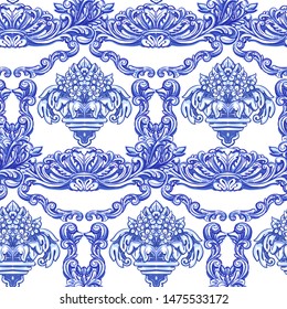 Azulejos - seamless pattern. Portuguese Dutch and oriental tile in shades of in classic pale blue ang indigo colors. Baroque Vector mosaic. Rococo and Arabesque ornament
