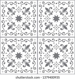 Azulejos seamless vector pattern, gray Portuguese Lisbon tiles design with fleur de lis, flowers and geometric shapes. Decorative mosaic repetitive background inspired by Spanish and Portuguese art