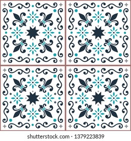 Azulejos seamless vector pattern, Portuguese Lisbon tiles design with fleur de lis, flowers and geometric shapes. Decorative mosaic repetitive background inspired by Spanish and Portuguese art