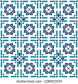 Azulejos tiles blue vector background geometric pattern.