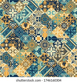 Azulejos tiles diagonal patchwork wallpaper abstract vector seamless pattern