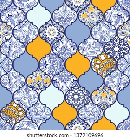 Azulejos tiles patchwork. Hand drawn seamless abstract pattern. Islam, Arabic, Indian, Ottoman motifs. Majolica pottery tile, blue, yellow azulejo. Original traditional Portuguese and Spain decor