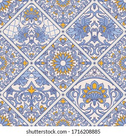 Azulejos tiles patchwork. Hand drawn seamless abstract pattern. Islam, Arabic, Indian, Ottoman motifs. Majolica pottery tile, blue, yellow azulejo. Original traditional Portuguese and Spain decor