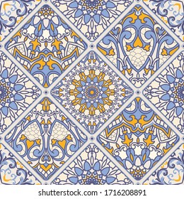 Azulejos tiles patchwork. Hand drawn seamless abstract pattern. Islam, Arabic, Indian, Ottoman motifs. Majolica pottery tile, blue, yellow azulejo. Original traditional Portuguese and Spain decor