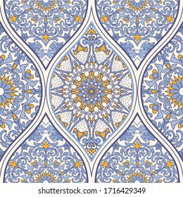 Azulejos tiles patchwork. Hand drawn seamless abstract pattern. Islam, Arabic, Indian, Ottoman motifs. Majolica pottery tile, blue, yellow azulejo. Original traditional Portuguese and Spain decor