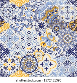 Azulejos tiles patchwork. Seamless colorful patchwork. Hand drawn seamless abstract pattern from mandalas. Majolica pottery tile, blue, yellow azulejo. Original traditional Portuguese and Spain decor