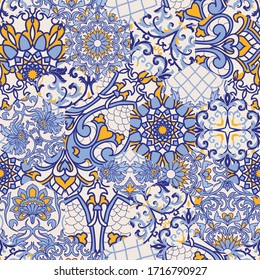 Azulejos tiles patchwork vector seamless pattern. Gaudi mosaic. Majolica pottery tile. Portuguese and Spain decor. Islam, Arabic, Indian motifs. Ceramic tile in talavera style. Vector illustration