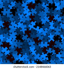 Azure blue chaos puzzle background, banner, texture. Vector jigsaw section template. Background with mixed puzzle pieces, mosaic, details, tiles, parts. Abstract rectangle jigsaw fabric print.