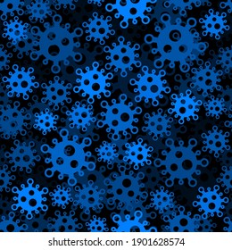 Azure blue coronavirus 2019-ncov pandemic flu Microscopic view of the virus cell. Microscopic cartoon colored bacteria and bacillus seamless pattern background.