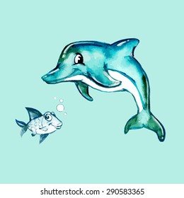 azure blue dolphin watercolor vector logo icon symbol