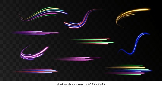 Azure blue green light effect, curve shape neon speed motion. Futuristic illustration in cyberpunk style light trail vector, slow shutter, night city. Color swirl power waves flow. Electric trail.