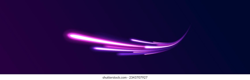 Azure blue green light effect, curve shape neon speed motion. Futuristic illustration in cyberpunk style light trail vector, slow shutter, night city. Color swirl power waves flow. Electric trail.