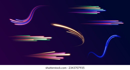 Azure blue green light effect, curve shape neon speed motion. Futuristic illustration in cyberpunk style light trail vector, slow shutter, night city. Color swirl power waves flow. Electric trail.