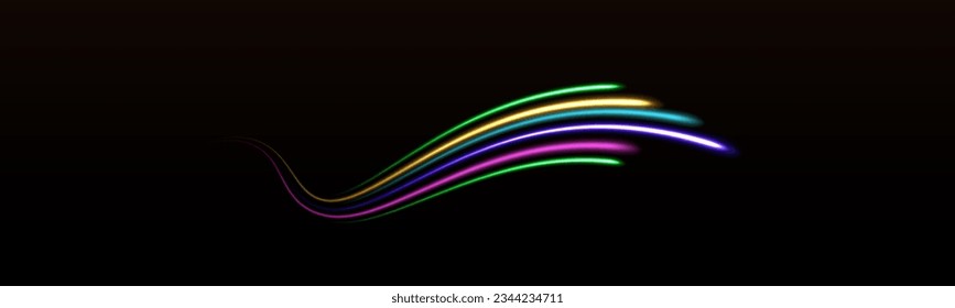 Efecto de luz verde azul de Azure, movimiento de velocidad de neón de forma curva. Ilustración futurista en el estilo cyberpunk vector de la ruta de luz, obturador lento, ciudad nocturna. Fluyen las ondas de alimentación de los giros de color. Pista eléctrica.