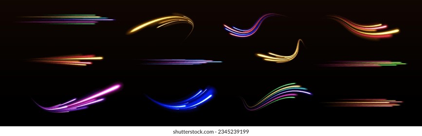 Azure blue green light effect, curve shape neon speed motion. Futuristic illustration in cyberpunk style light trail vector, slow shutter, night city. Color swirl power waves flow. Electric trail.