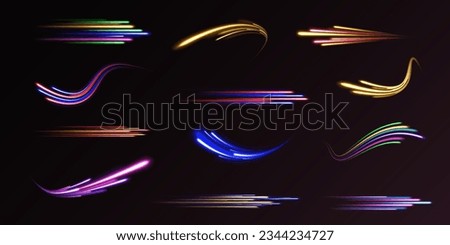 Azure blue green light effect, curve shape neon speed motion. Futuristic illustration in cyberpunk style light trail vector, slow shutter, night city. Color swirl power waves flow. Electric trail.