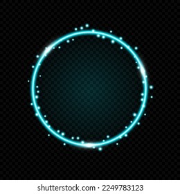 Azure blue neon round shape with glowing lights isolated on dark background. Luminous neon circle frame. Space for text.