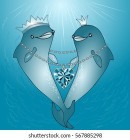 Azure blue Valentine's day illustration with a dolphin king and a queen holding a giant heart shaped sapphire necklace on a chain in the sea, sunshine under water, a simple card or shirt vector print