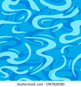 Azure Cartoon Water Surface Seamless Pattern. Vector Sea Ripple. Abstract Blue Waves Background. 