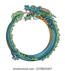 Azure Chinese dragon logotype colorful with traditional ring shaped mascot for eastern horoscope and future prediction vector illustration