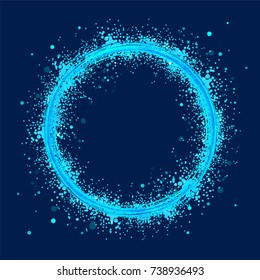 Azure circles on dark background. Abstract rings with motion effect. Swirl trail effect.