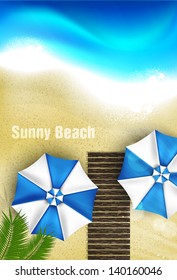 Azure coast with beach umbrellas, palm tree