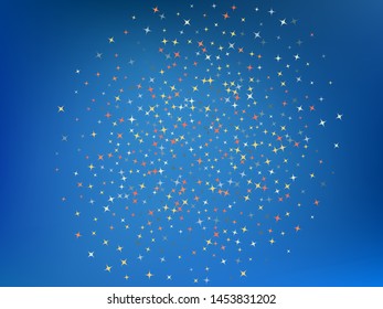 Azure color background. Stars confetti. Plain colorific fantasy. Scattered stars. Backround with random colored stars.