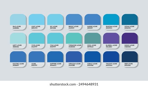 Azure Color Palette, Azure Color Guide Palette with Color Names. Catalog Samples of Azure Blue with RGB HEX codes. Light Blue Colors Palette Vector, Fashion Trend Light Blue Azure shades Palette