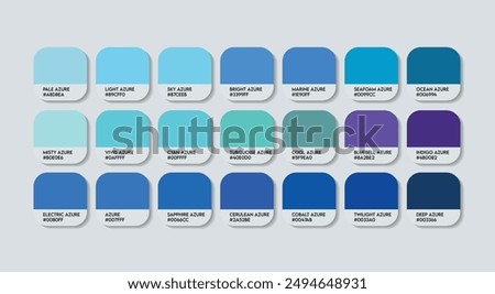 Azure Color Palette, Azure Color Guide Palette with Color Names. Catalog Samples of Azure Blue with RGB HEX codes. Light Blue Colors Palette Vector, Fashion Trend Light Blue Azure shades Palette