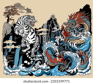 Azurblau-Drache und White Tiger Begegnung am Wasserfall. Tiere aus dem Himmelsflossen. Mythologische Wesen, die sich gegenseitig gegenüberstehen, umgeben von Wasserwellen. Chinesische Landschaft. Vektorgrafik