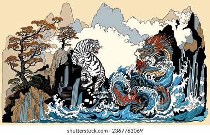 Encuentro de Azure Dragon y Tigres Blancos en la Cascada. Animales celestes feng shui. Criaturas mitológicas unas frente a otras rodeadas de olas de agua. El paisaje chino. Ilustración del vector 