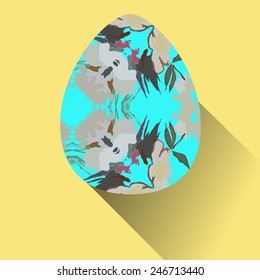Azure Easter egg with floral ornaments  on an yellow    background. Hand drawn. 