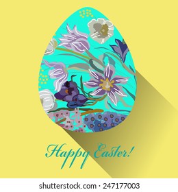 Azure Easter egg with floral ornaments, text on an yellow  background. Hand drawn. 