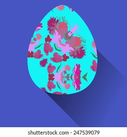 Azure Easter egg with floral ornaments  on a  blue  background. Hand drawn. 