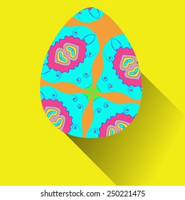 Azure Easter egg with floral ornaments on an yellow  background. Hand drawn. 