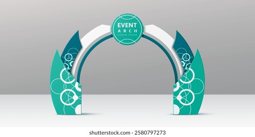 Azure event arch, realistic 3d vector exhibition entrance with teal and white color scheme, and modern circular patterns. Stylish gateway frame for festive or corporate events, promo and conferences