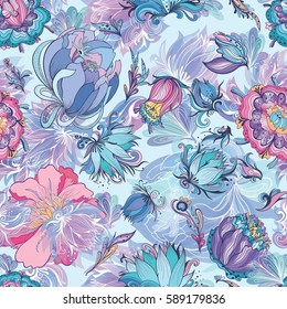 Azure Floral Vector Pattern | Seamless floral texture with doodle lily, lotus and peonies on blue background