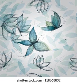 Azure Flowers like Butterflies / Surreal seamless pattern