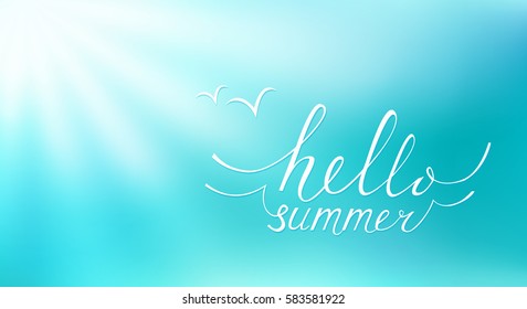 Azure gradient with lettering "hello summer". Sunny vector background travel poster. Abstract backdrop with sun rays. 
