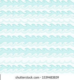 Azure light blue abstract gradient sea waves pattern. Vector seamless doodle hand drawn sky blue wavy background.
