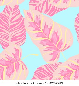 Azure Monstera Deja El Vector Sin Problemas. Patrón Blue Retro Monstera Estilo Hawaiano. Ilustración floral de hoja de caramelo. Textura rosa de hoja de plátano