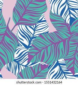 Azure Monstera Leaves Vector Seamless Pattern. Cornflower Summer Monstera Pattern Hawaii Style. Lavender Foliage Tropic Texture. Rose Palm Foliage Texture