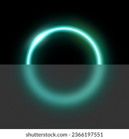 Azure neon circle with glassmorphism effect vector illustration. Abstract luminous LED ring with blurred glass, shiny round frame of laser for poster or banner, futuristic techno presentation.